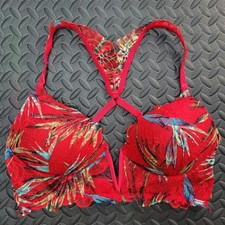 Victoria s Secret PINK Push Up Bra Medium Red Floral Lace Strappy Back Coquette