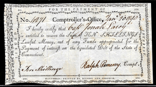 1790 Colonial Connecticut 10s Note Paid To American Revolutionary War Captain