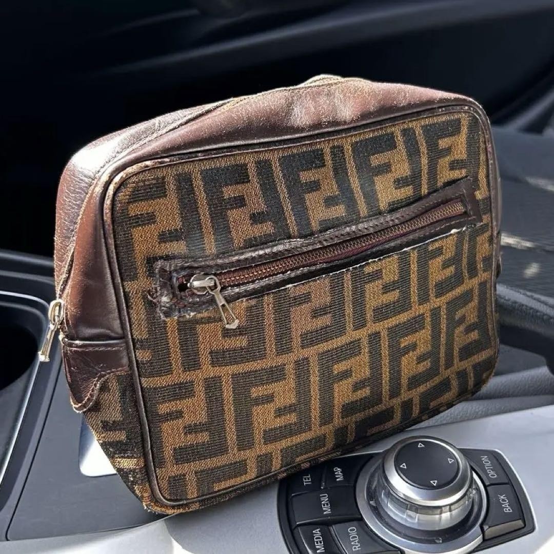 Fendi Canvas Leather Shoulder Bag Auth Brown Black Medium Women