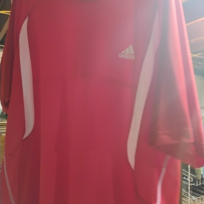 red adidas shirt  mens Xl with wht stripes nice with lil vint holes t shirt