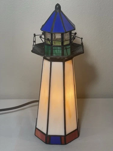 VINTAGE STAINED GLASS Light House Tiffany Style Nautical  Beach Night Light Lamp