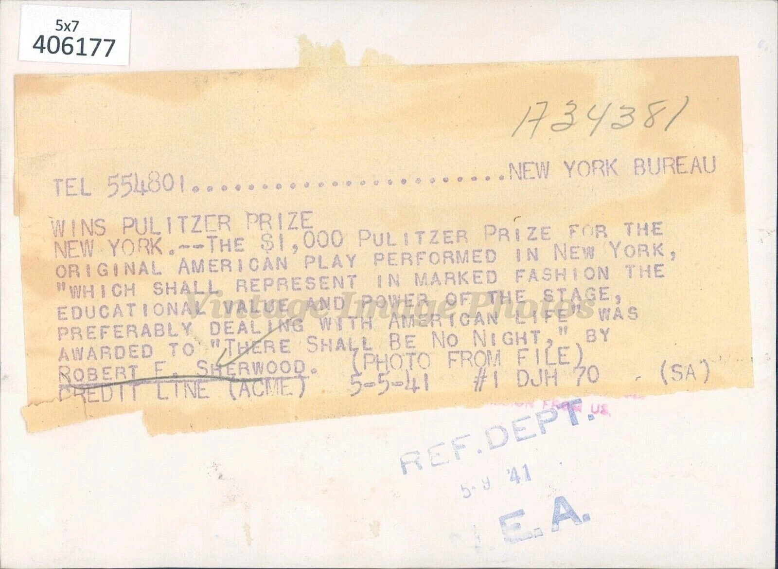 1941 Photo Press Robert Sherwood American Play NY "There Shall Be Night" Award - 画像2/2