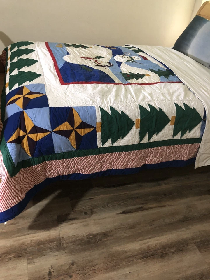 Christmas Tree Star Snowman Quilt Cottage Colorful Patchwork Cotton Queen 88x98" - Image 2 of 4