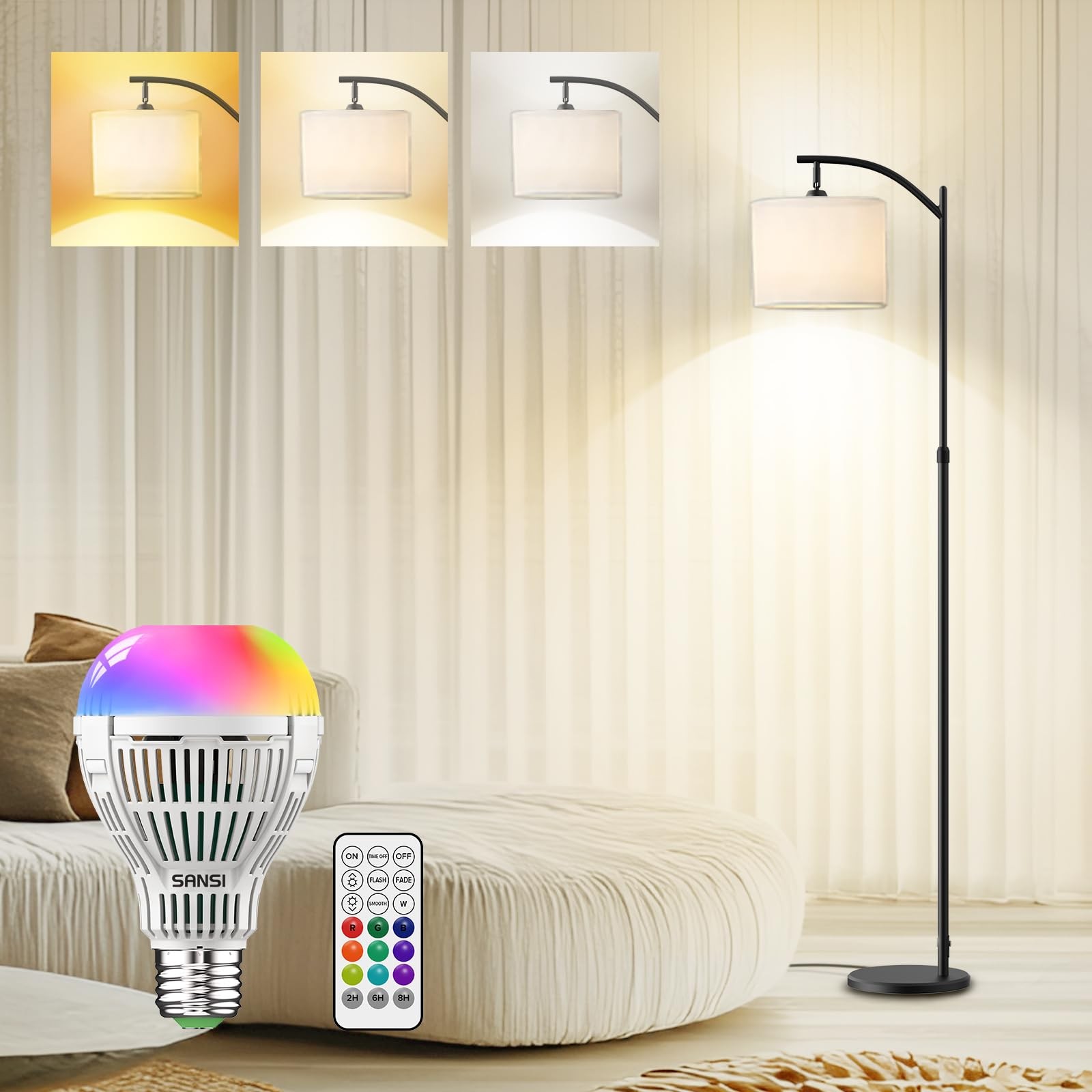 65-Inch Black Arc Floor Lamp with Remote for Modern Living Room Lighting