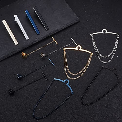 Tie Clips for Men Tie Bar Black Blue Gold Tie Tacks Tie Clip Tie Chain Set - Foto 2 di 7