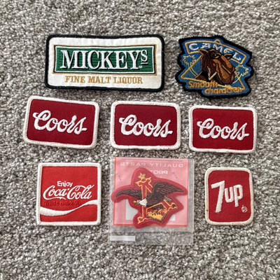 Vintage Lot of 8 Patches: Mickey's Camel Joe Cool Coors 7UP Coca-Cola