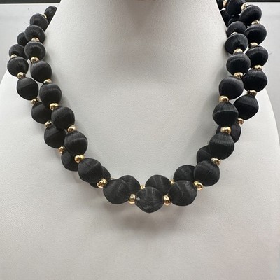 Vintage 80s Double Strand Black Silk Thread Wrapped Bead Jewelry Gold Tone Boho