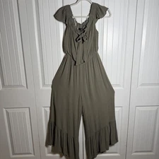 Lulus New Women’s Off The Shoulder Olive Green Jumpsuit Wide Leg Boho Hippie L