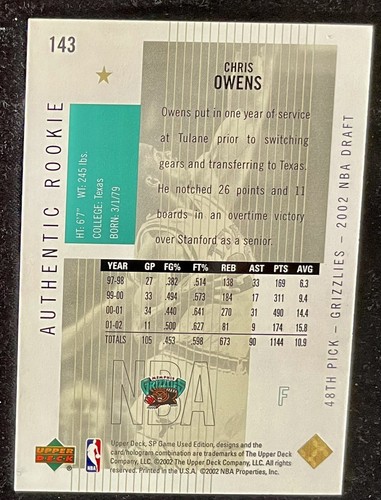 2002-03 SP Game Used Authentic Rookie #143 Chris Owens ‘46/50’ ‘GOLD’ - Picture 2 of 2