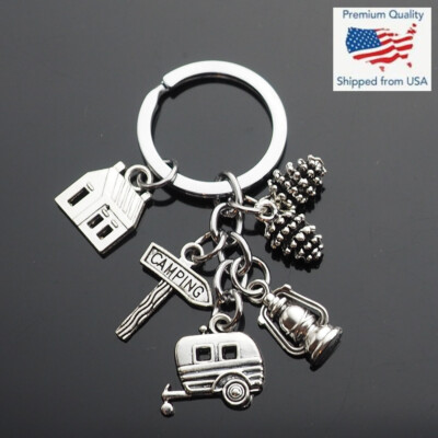 Cabin & Trailer Wagon Camper Camping Sign Pine Cones Keychain Key Chain Gift