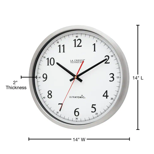 Wall Clock 14 in Round UltrAtomic Stainless Steel Analog w/ Shatterproof Lens - Picture 2 of 12