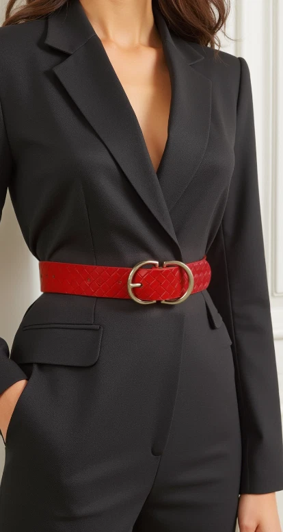 Cintura de cuero sintético tejido canasta roja para mujer cinturón único hebilla de metal dorado S M Foto 4 de 4