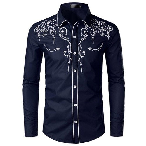 Men Embroidery Shirt Tops Western Cowboy Casual Cotton Button Down Vintage Slim - Picture 5 of 16