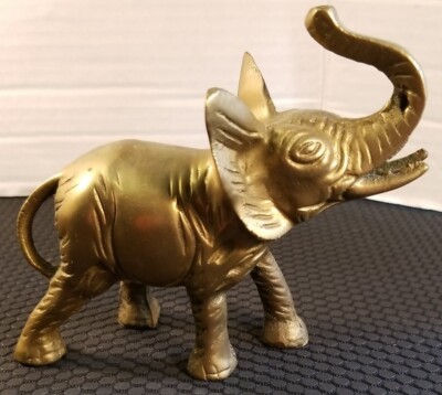 HEAVY BRASS ELEPHANT Trunk Up ''Good Luck'' Fen Shui  4.5'' In. Tall Made in Taiwan