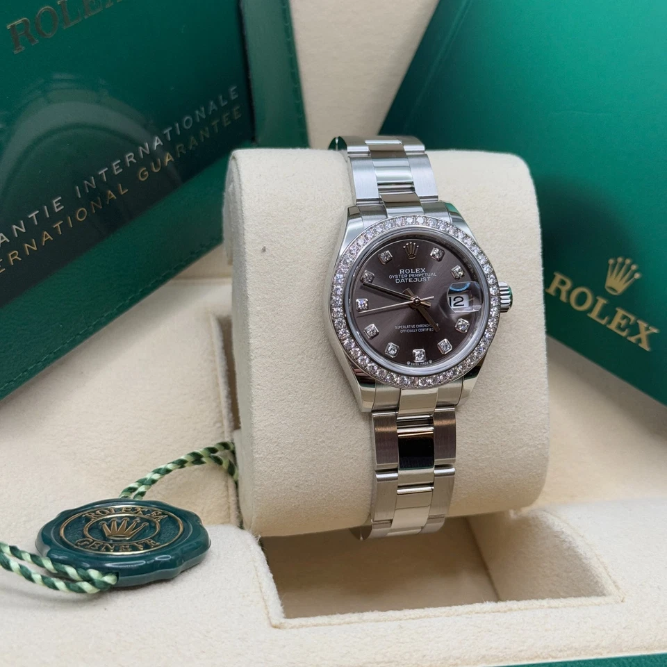 Rolex Lady-Datejust 28 esfera de diamante rodio acero inoxidable bisel de diamante Oyster Foto 3 de 4