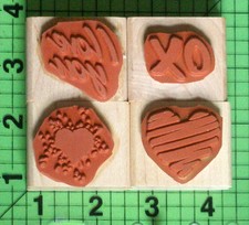 Lot of 4 assorted Heart Wood Mounted rubber stamps XO I Love You and Two Hearts