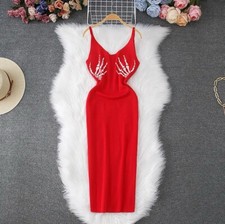 Women Ribbed Bodycon Split Strap Dress Red Small Skull Hands Slit Back Stretch