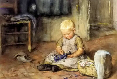 Oil painting Jan Zoetelief Tromp - the little mother child with Beloved doll art