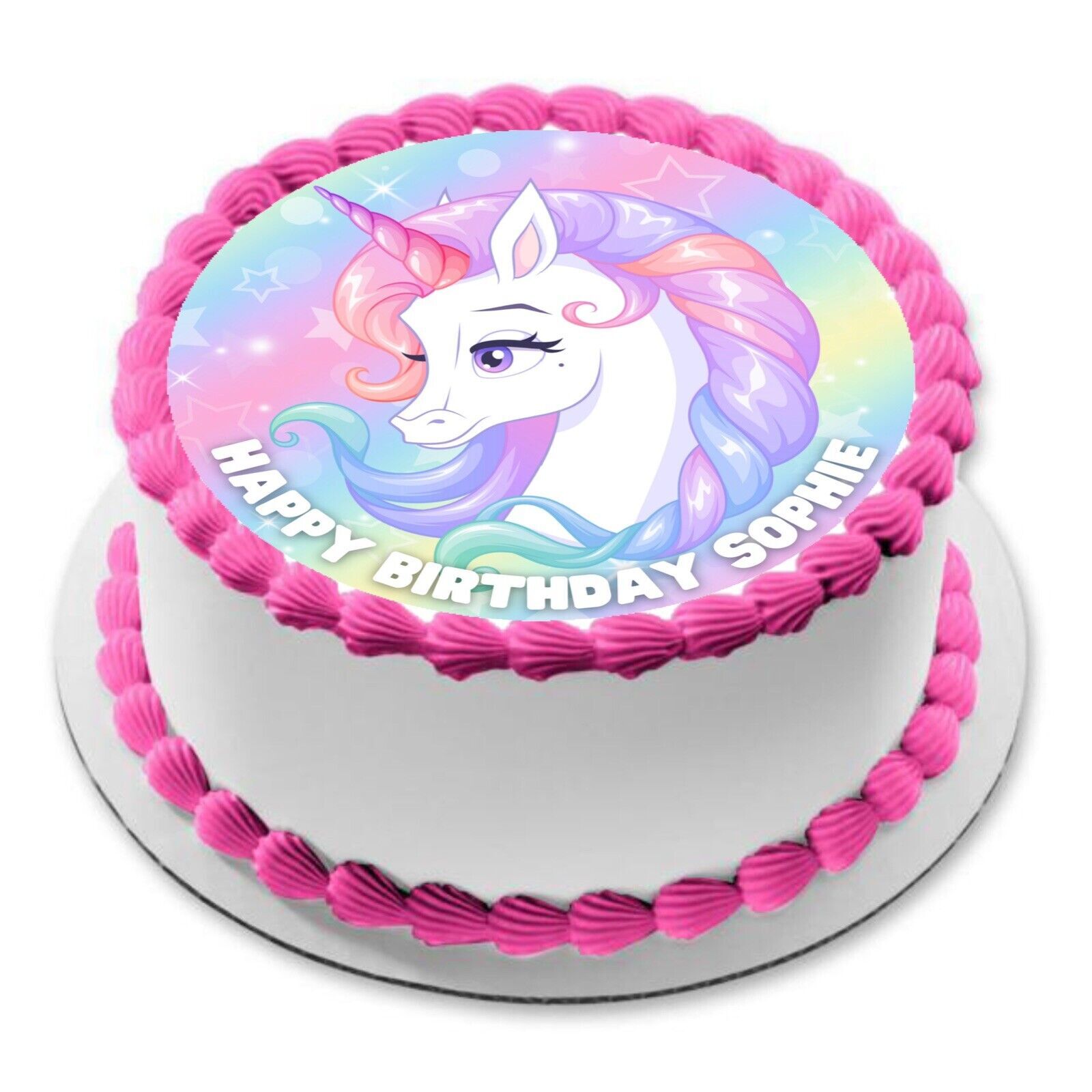 Unicorn Theme PERSONALISED EDIBLE 7 INCH Icing Round Cake Topper