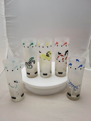 5 Vtg MCM Frosted Carousel Glasses Libbey Merry Go Round Barware Tom Collins 7''
