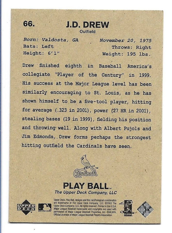 J.D. Drew 2003 Upper Deck Play Ball UD Promo #66   St. Louis Cardinals - Image 2 of 2