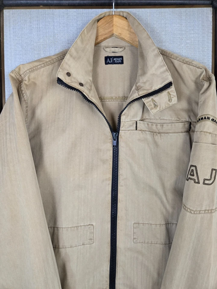 ARMANI JEANS Hombres Talla Grande Moto Camionero Chaqueta 100% Algodón Caqui Cremallera Completa Foto 4 de 4