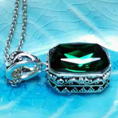 3Ct Emerald Cut Green Emerald Solitaire Pendant 14K White Gold Over Free Chain