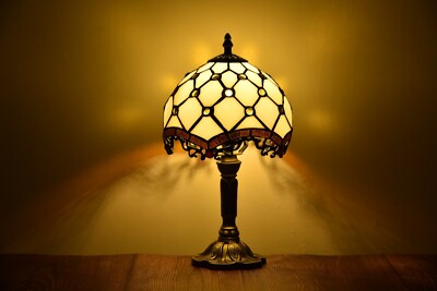 Tiffany Table Lamp Cream Amber Bead Stained Glass Desk Light for Decor H18'' H14''