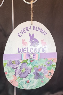 Every Bunny Welcome Egg Shaped Wooden Sign ~ Handmade