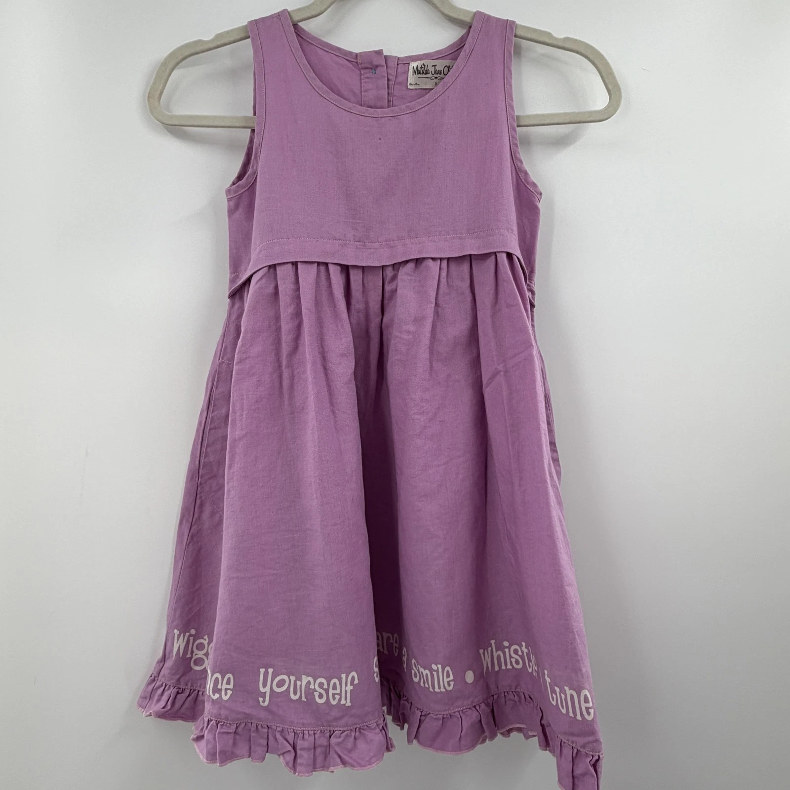 Matilda Jane Girls Dress Size 8 Purple Linen Sundress Ruffle Hem Pockets Whimsy