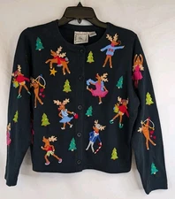 Festive Cardigan Michael Simon Lite Reindeer SMALL "Ugly" Christmas Cotton VTG