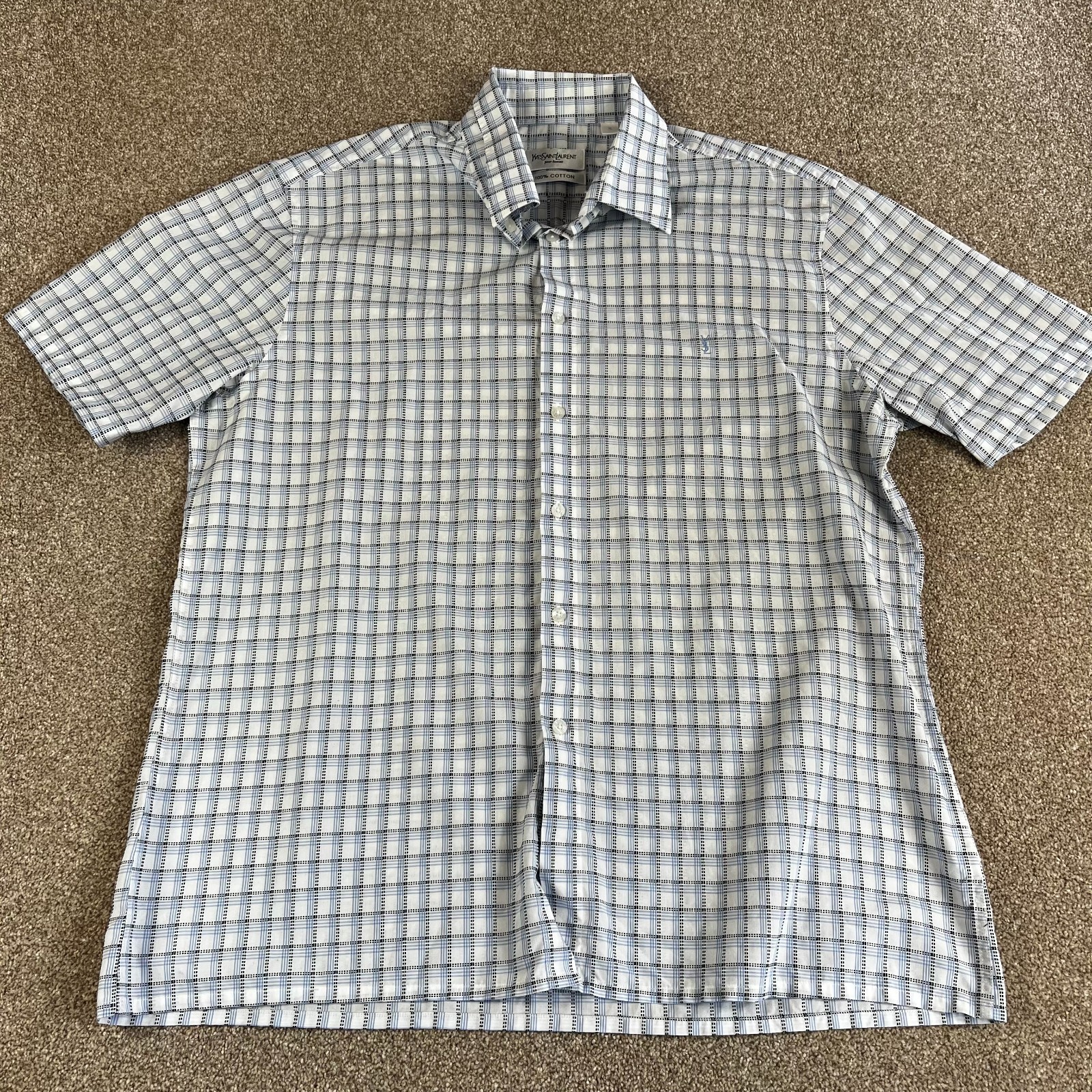 Camicia Yves Saint Laurent uomo XL blu bianca a quadri manica corta con bottoni YSL