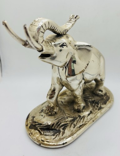 Good Luck Elephant Sculpture Ottaviani Italy Cast Resin & Silver 7” Vintage