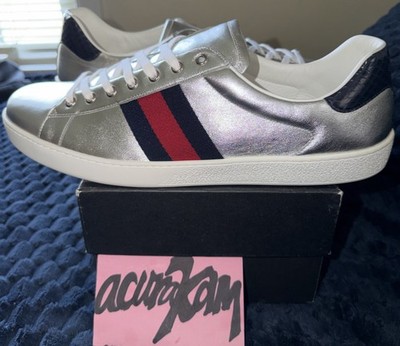 DS Brand New Gucci Ace Metallic Leather Silver  RARE SZ 15.5