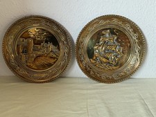 2 x 25cm Vintage Brass Wall Chargers / Embossed Decorative Plates - Conway, Ship