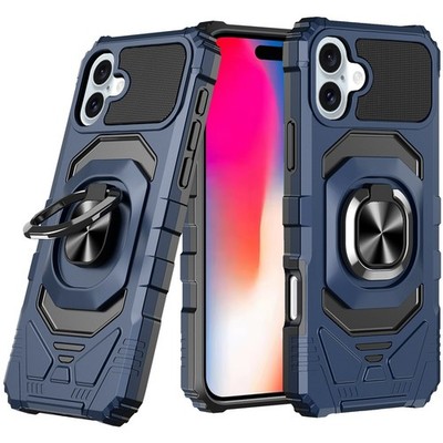 For iPhone 16 6.1inch Case Dual Layer Magnetic Ring Stand Cover + Tempered Glass