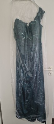  Abendkleid mit Carmenärmeln  Corsage Grün Gr 38 Glitzersteinen und Beinschlitz 