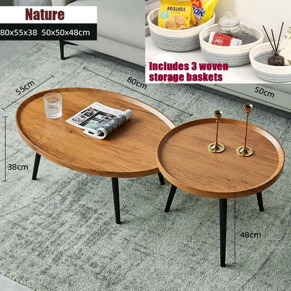 Oval Coffee Table Set Modern Living Room End Tables Wood Top Metal Frame Nature - Image 2 of 4