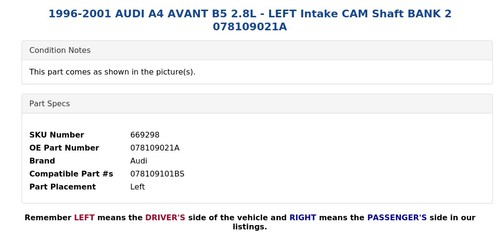 1996-2001 AUDI A4 AVANT B5 2.8L - LEFT Intake CAM Shaft BANK 2 078109021A - Picture 5 of 6