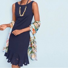 RSVP By Talbots Navy Blue Embroidered Flounce Sheath Dress Ponte Knit 14