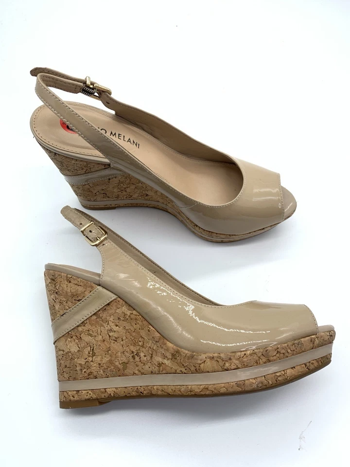 Sandalias de cuña Antonio Melani Rosie de charol desnudo punta abierta corcho 6,5 M BNS1 Foto 2 de 4