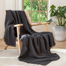Muslin Blanket - 100 Cotton 4-Layer Gauze Throw Blanket with All-Around Frin...