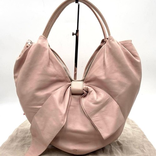 VALENTINO GARAVANI Women Ribbon Pink Leather Hand bag Gold Logo Plate from japan