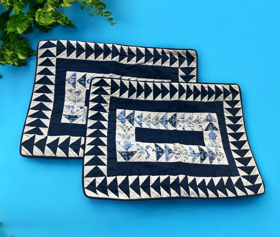 Vintage Patchwork Quilted Placemats Set of 2 American Pacific Blue White - Image 2 of 4