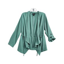 Rachel Zoe Draped Open Front Jacket Womens M Green Drawstring Roll Tab Crepe euc