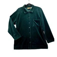 Liz Claiborne LIZWEAR Womens Velvet Shirt Top Button Up Green L Size Long Sleeve