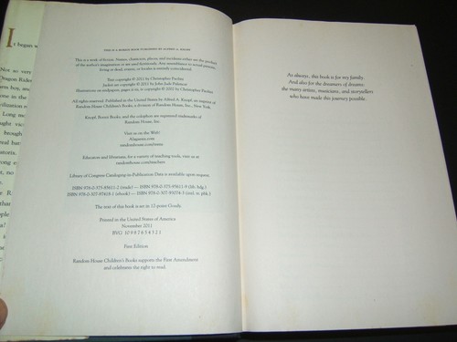 INHERITANCE by Christopher Paolini 2011 First Edition hard cover W/ dust jacket - Picture 3 of 3