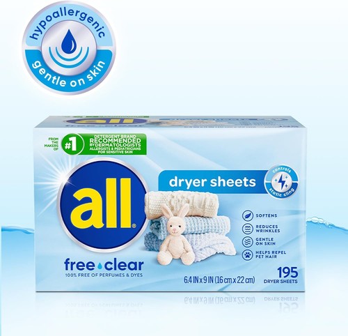 all Fabric Softener Dryer Sheets for Sensitive Skin, Free Clear, 195 Count - Picture 3 of 7