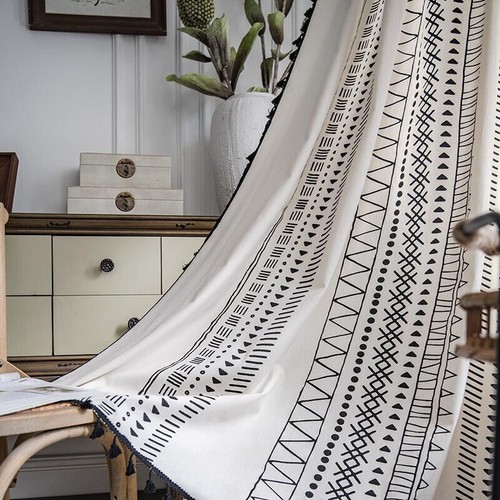 Boho Geometric Window Curtain Drapes Panel w/ Tassels Farmhouse Decor Rod Pocket - Picture 6 of 30