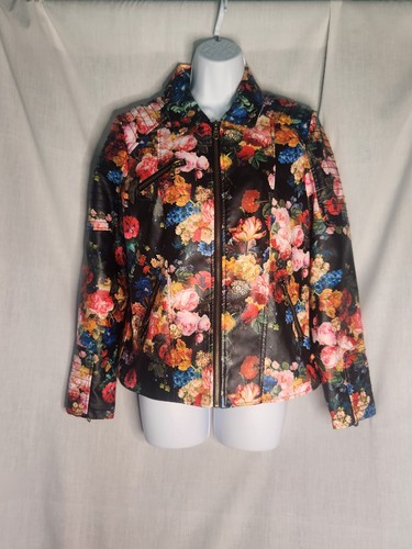 AMI Blooming Floral Print Faux Leather Jacket Quilted Detaila Size M - Picture 2 of 8